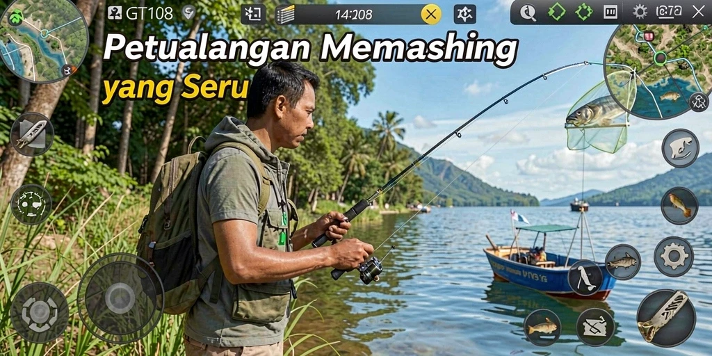Screenshot gameplay GT108 yang menampilkan suasana memancing yang mendebarkan.