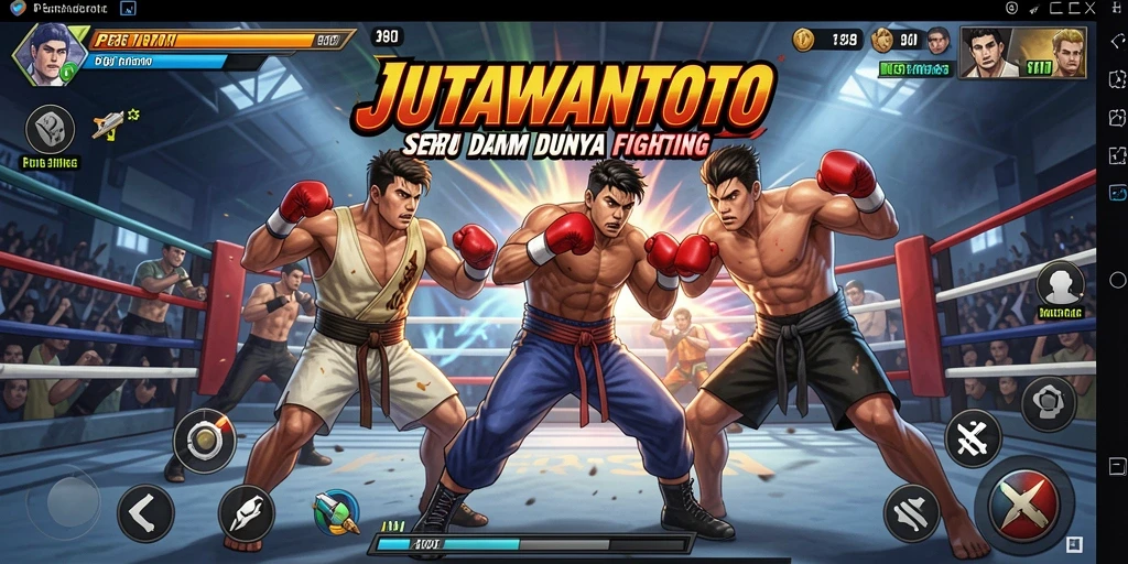 Screenshot game JUTAWANTOTO menampilkan pertarungan seru antara karakter.